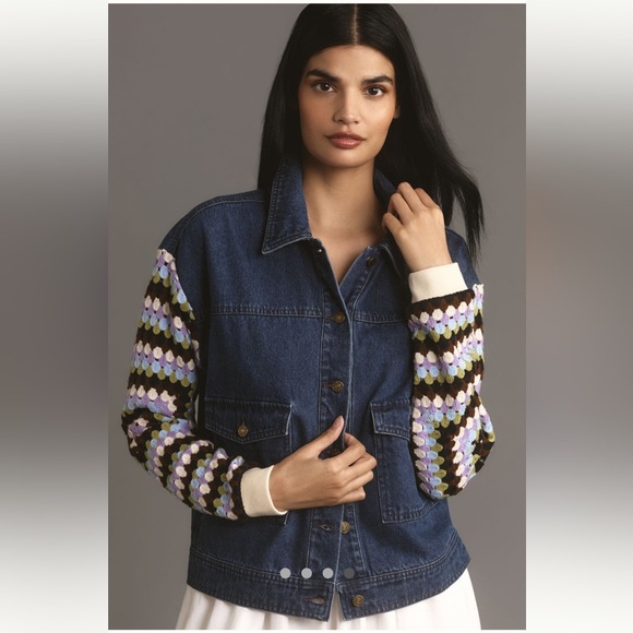 Anthropologie NWT Crochet-Sleeve Denim Jacket size S. - Picture 2 of 16